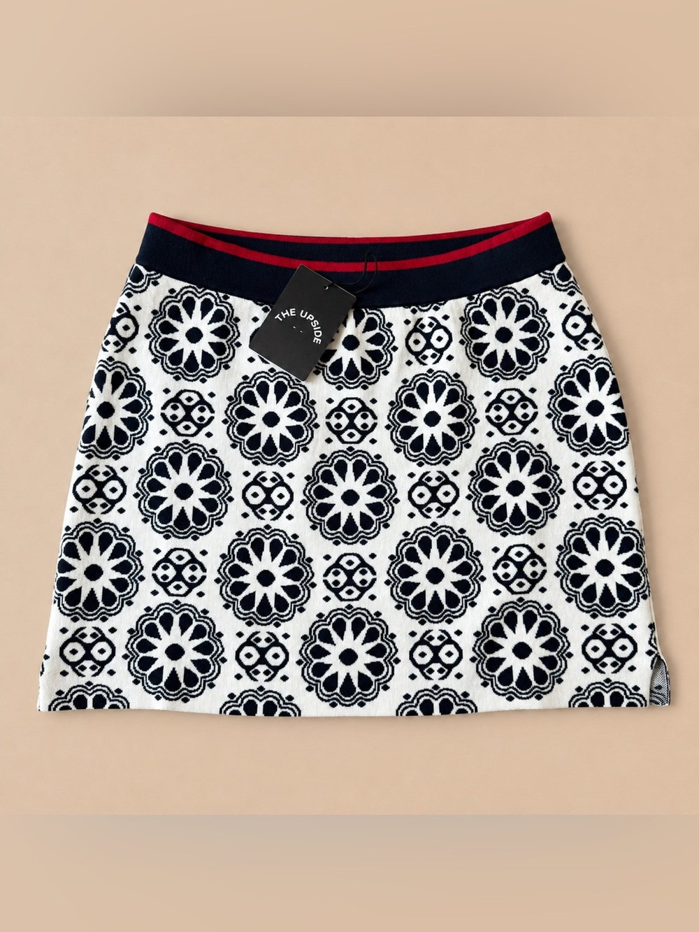 NWT The Upside for Anthropologie Knit Mini Skirt Navy Ivory Medallion Size M